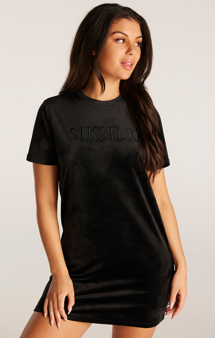 Load image into Gallery viewer, SikSilk Velour Embroidered T-Shirt Dress - Black (1)
