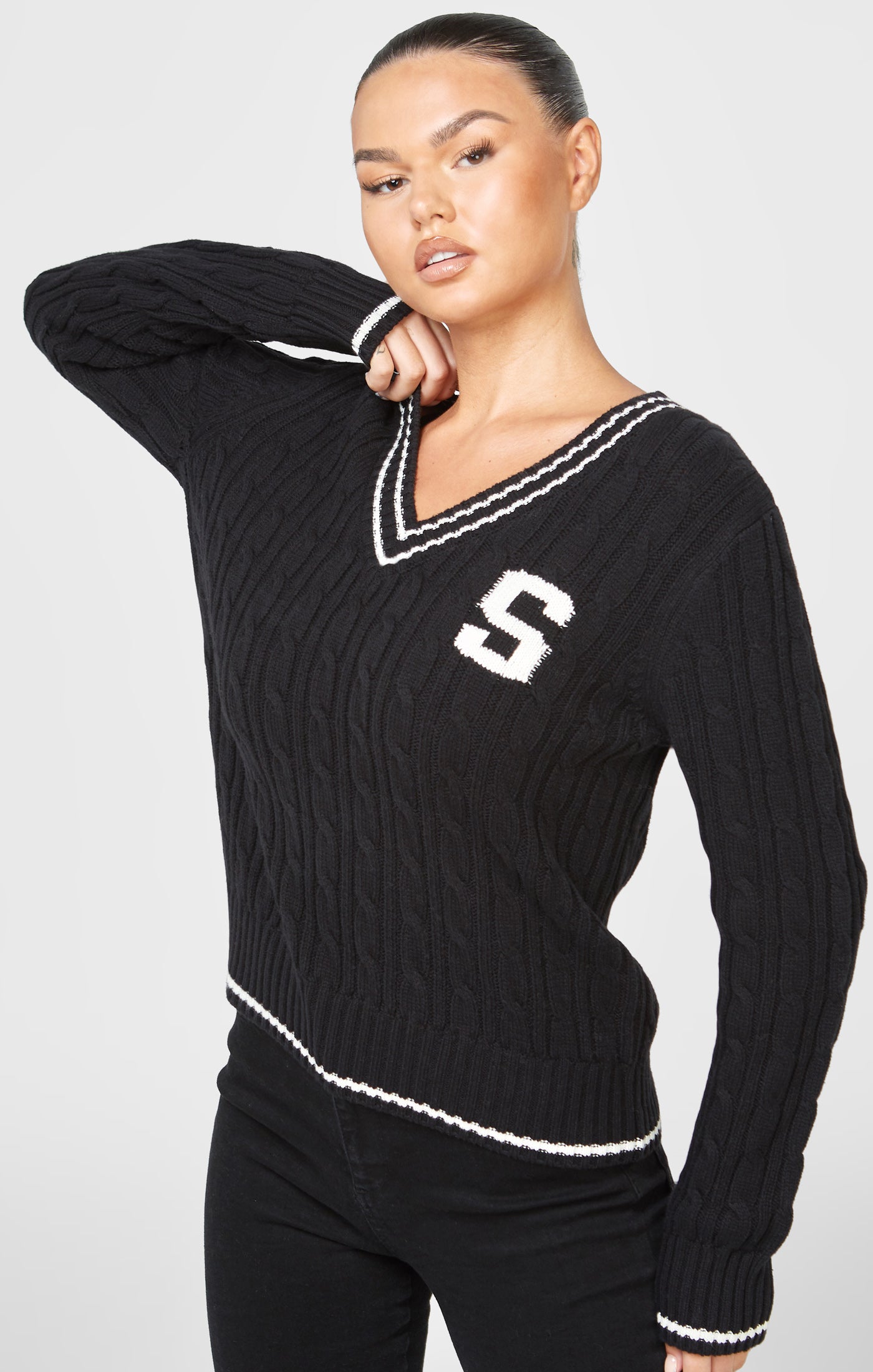 Load image into Gallery viewer, Black Varsity Cable Knit Sweater