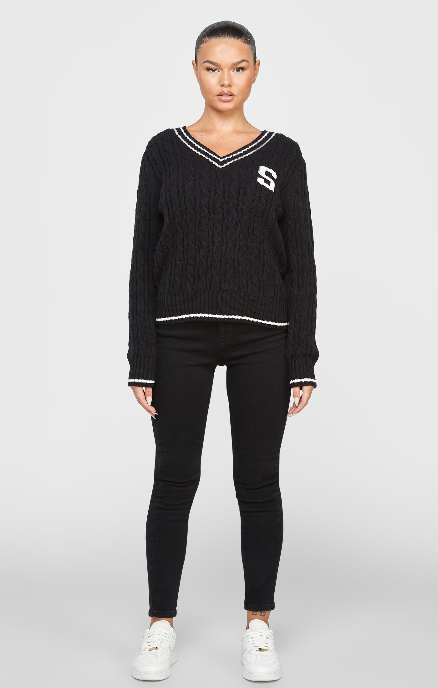 Load image into Gallery viewer, Black Varsity Cable Knit Sweater (2)
