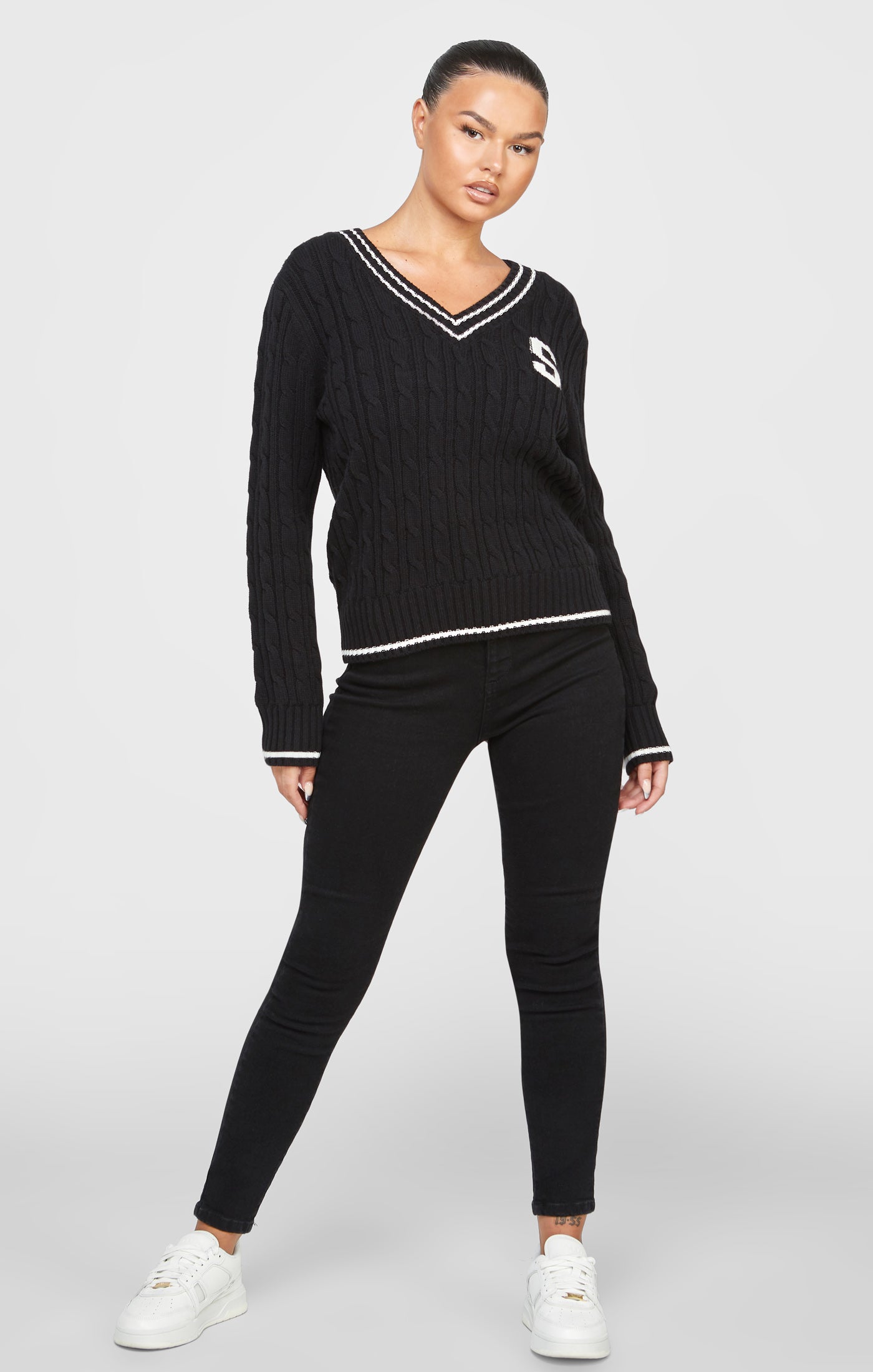 Load image into Gallery viewer, Black Varsity Cable Knit Sweater (3)