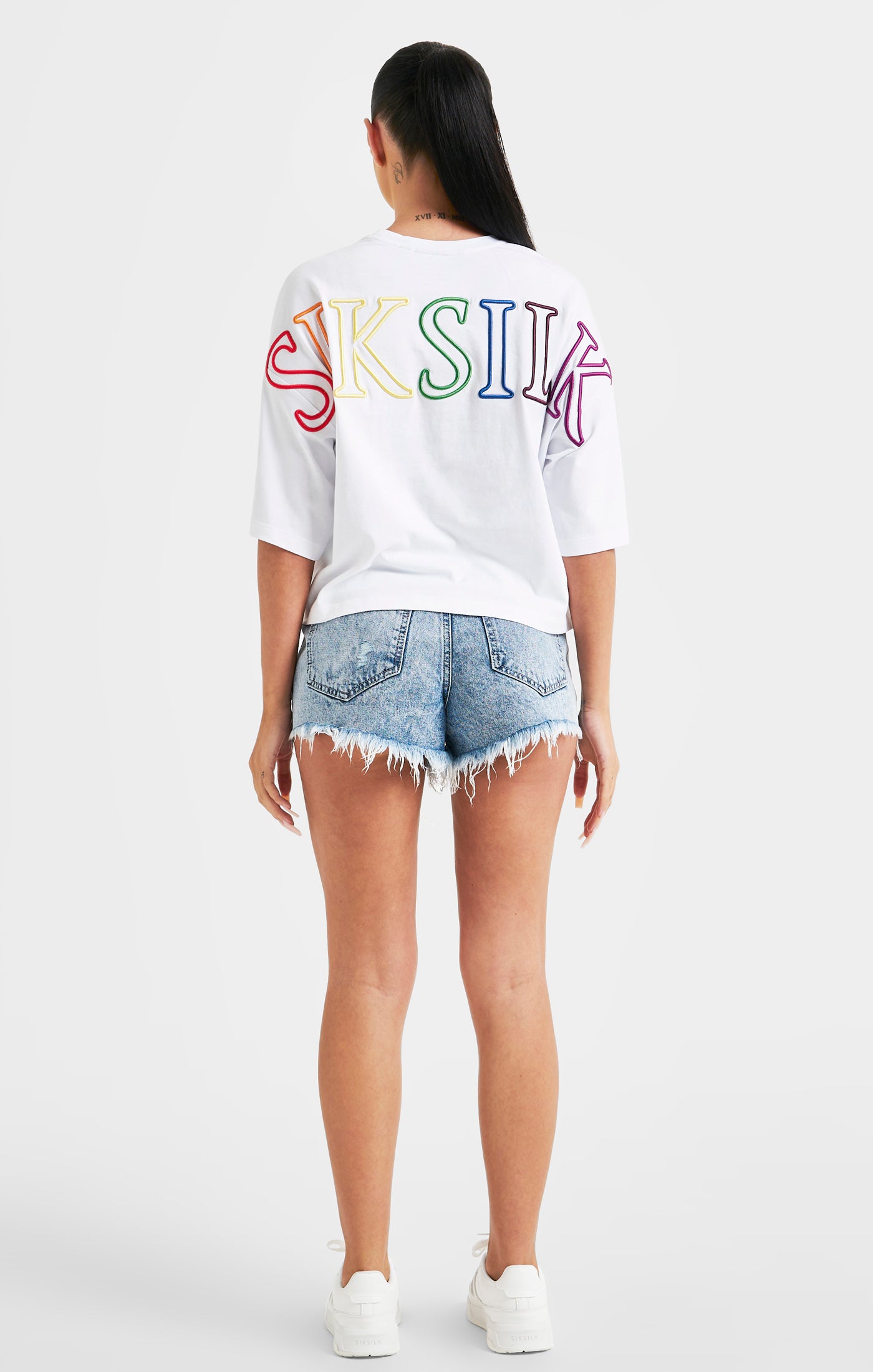 Load image into Gallery viewer, White Branded Crop T-Shirt Rainbow (4)