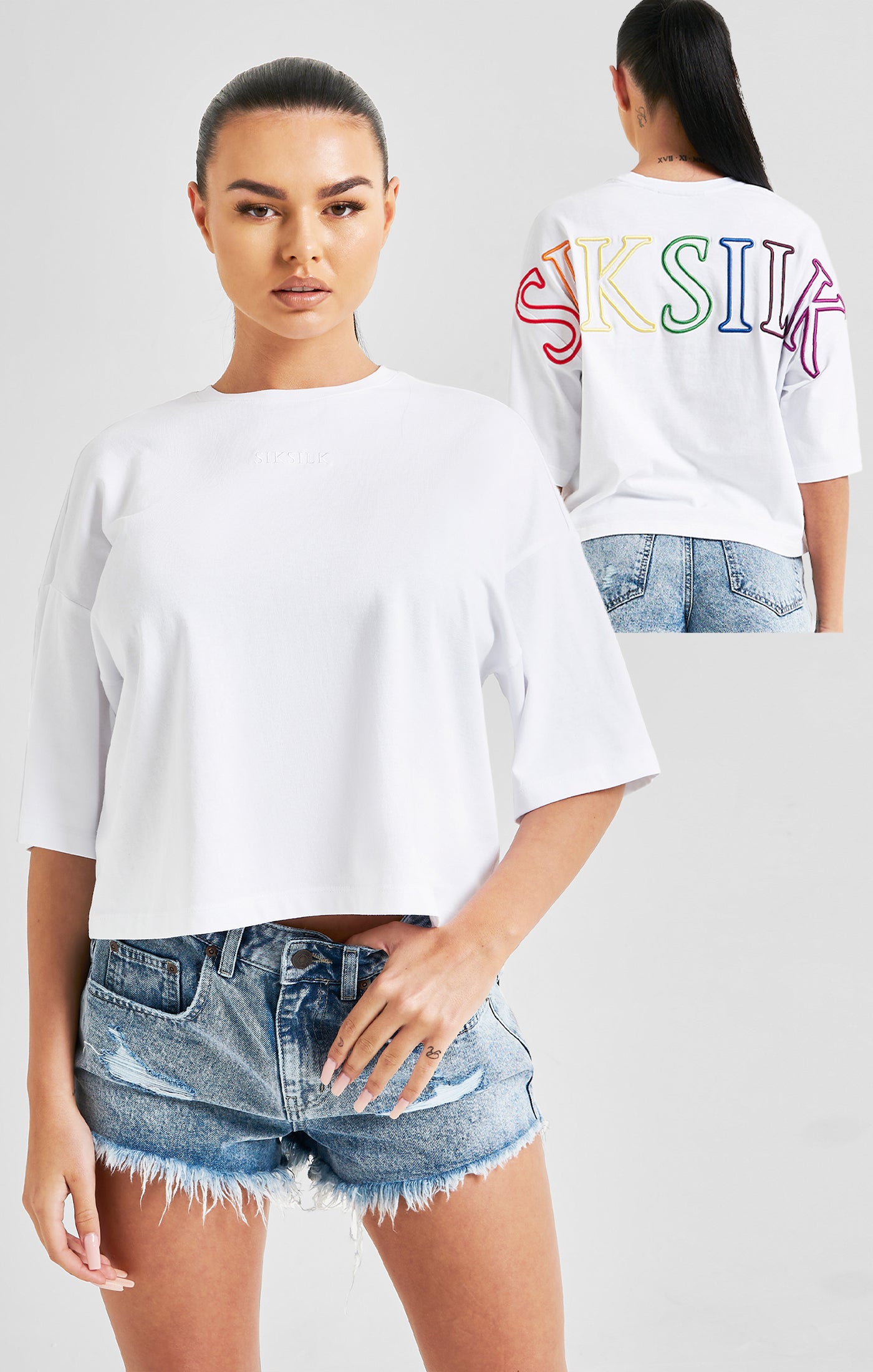 Load image into Gallery viewer, White Branded Crop T-Shirt Rainbow
