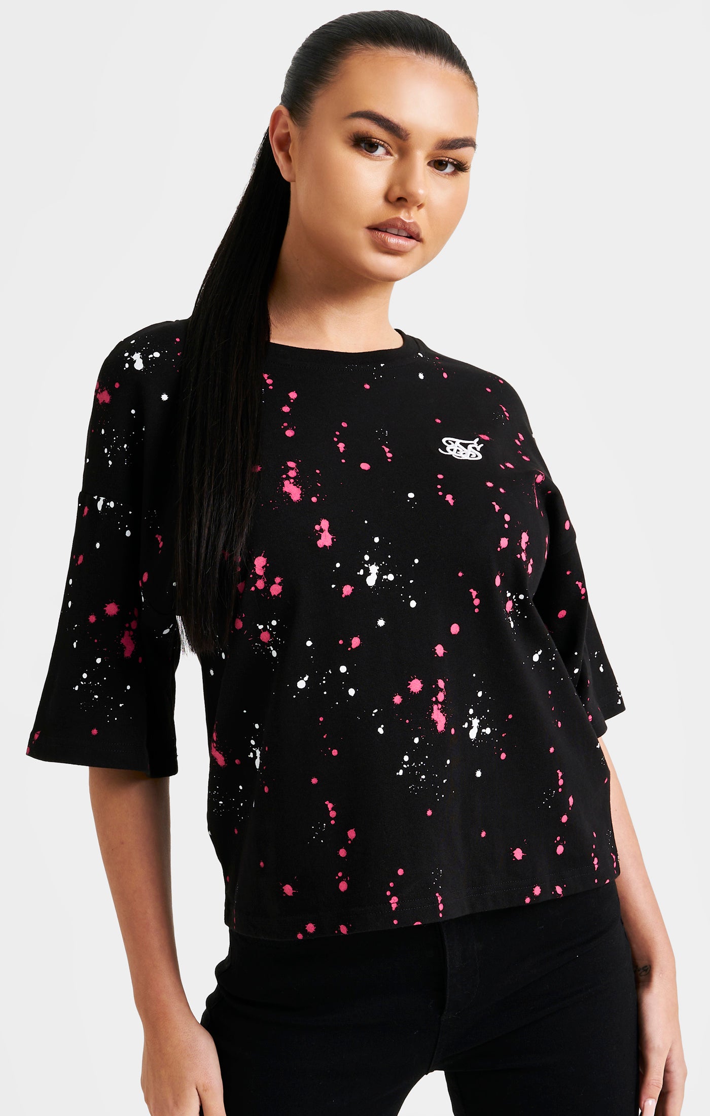 Load image into Gallery viewer, Black Paint Splatter Crop T-Shirt
