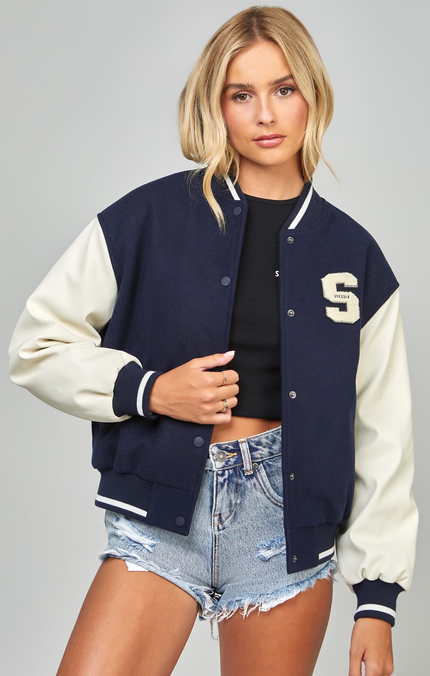 Load image into Gallery viewer, Navy Varsity Bomber Jacket