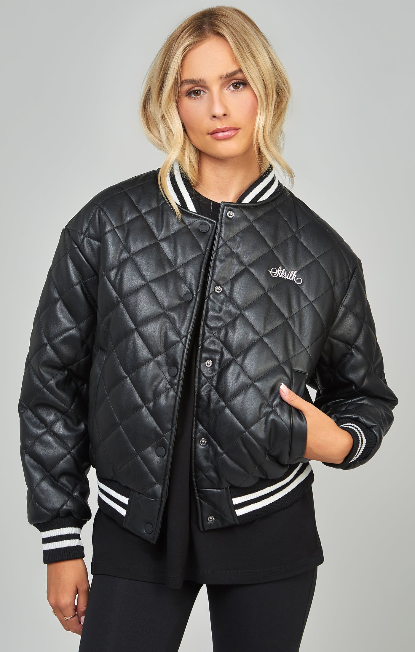 Load image into Gallery viewer, Black Pu Quilted Varsity Jacket