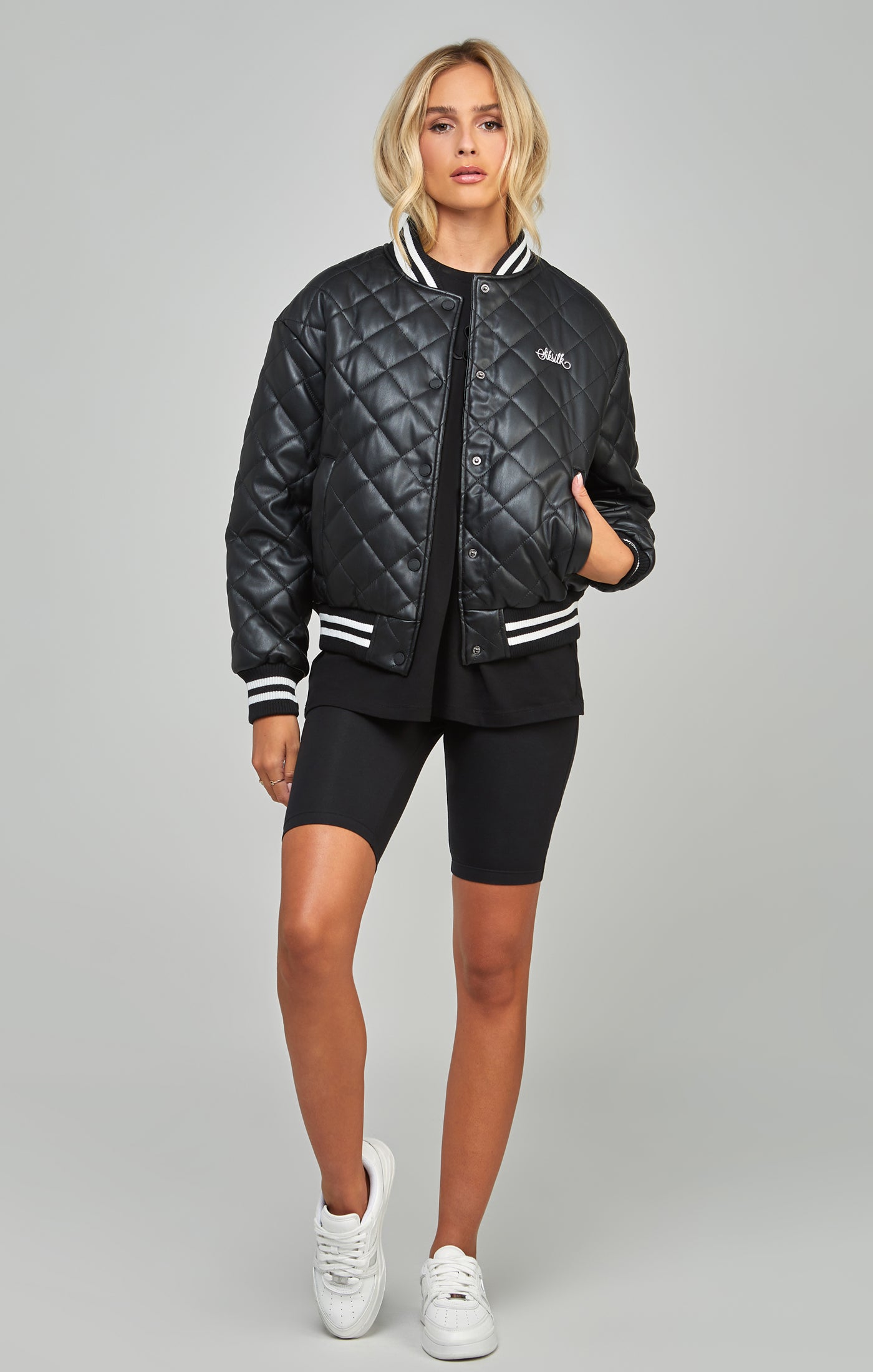 Load image into Gallery viewer, Black Pu Quilted Varsity Jacket (2)