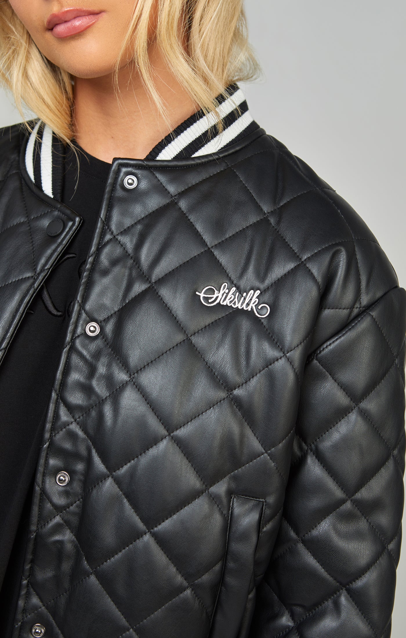 Load image into Gallery viewer, Black Pu Quilted Varsity Jacket (3)