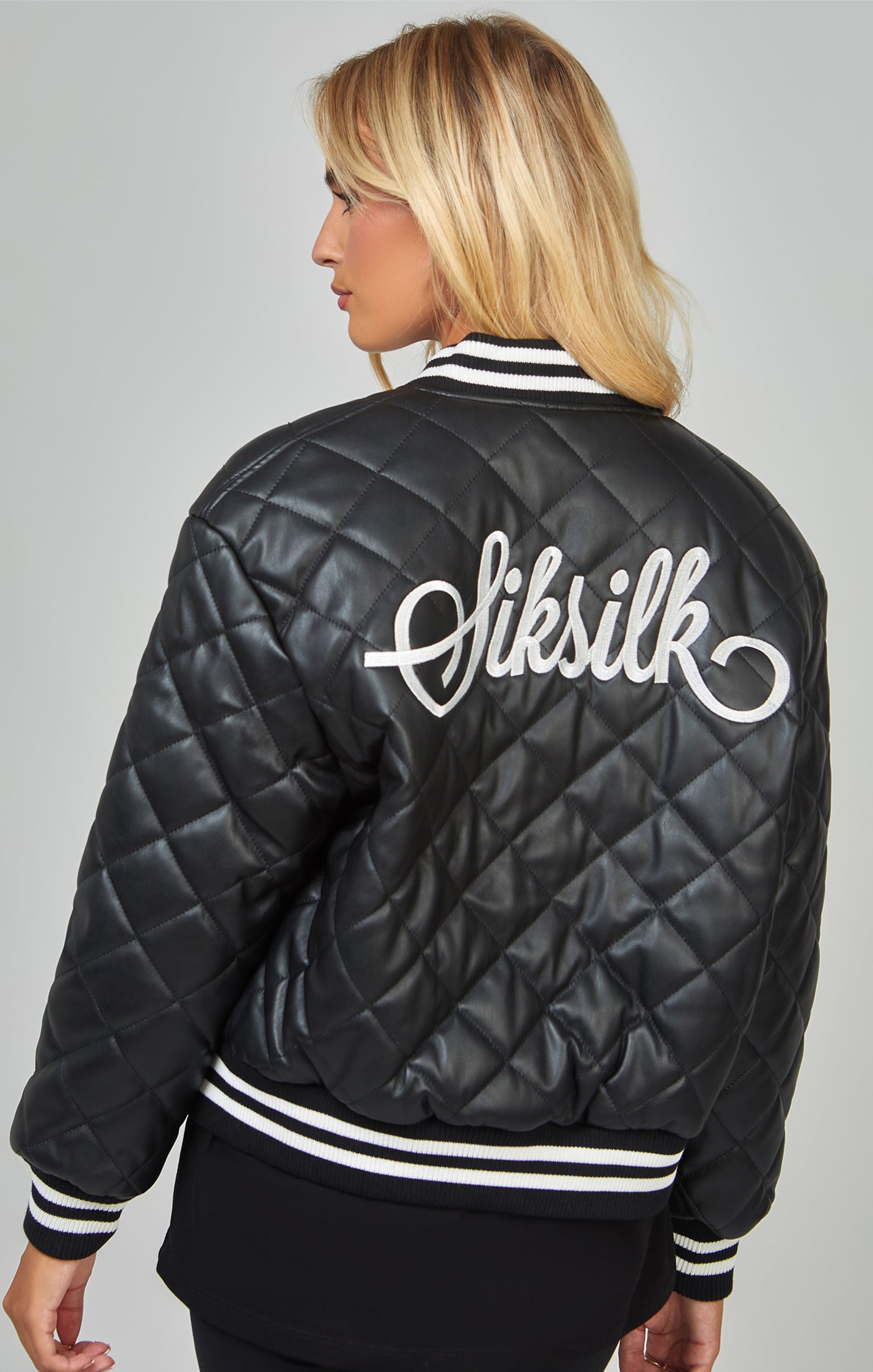 Load image into Gallery viewer, Black Pu Quilted Varsity Jacket (5)